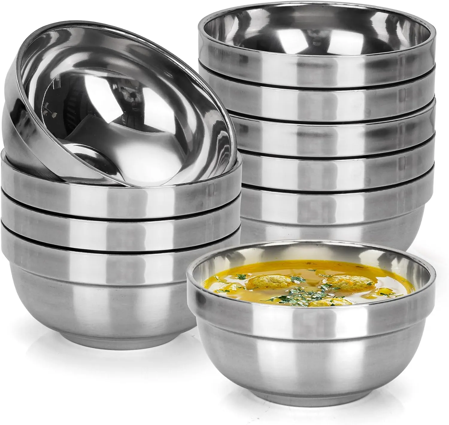 10 Pack Stainless Steel Soup Bowls 15 Oz, Double Insulated Ice Cream Bowl, 304 Stainless Steel Cereal Bowls for Snack, Rice, Ice Cream (5.1 x 2.6 Inch)