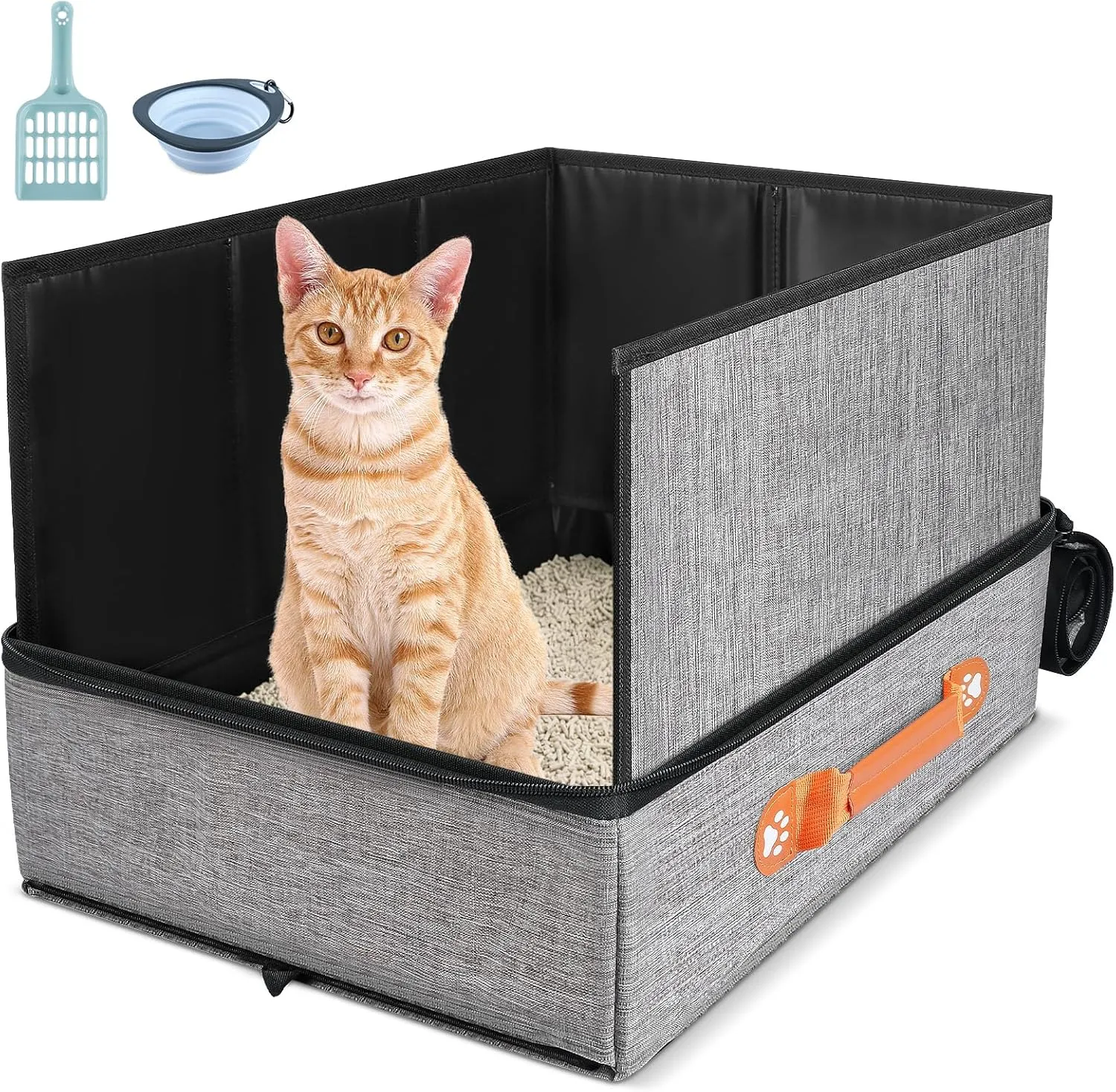 17.7 * 13.5 * 13.75" Travel Litter Box for Cats, Collapsible Cat Litter Box with Lid, Portable Cat Box with Zipper & Hard Bottom, Leak-Proof Kitty Litter Pan for Car Hotel Airplane, Water-Resistant
