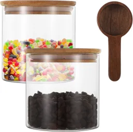 2 Pcs Glass Storage Jars, 22 oz Food Storage Containers with Airtight Wooden Lids, Large Mouth Glass Canisters with Wooden Scoop, Clear Kitchen Containers for Coffee, Tea, Cereal, Spice