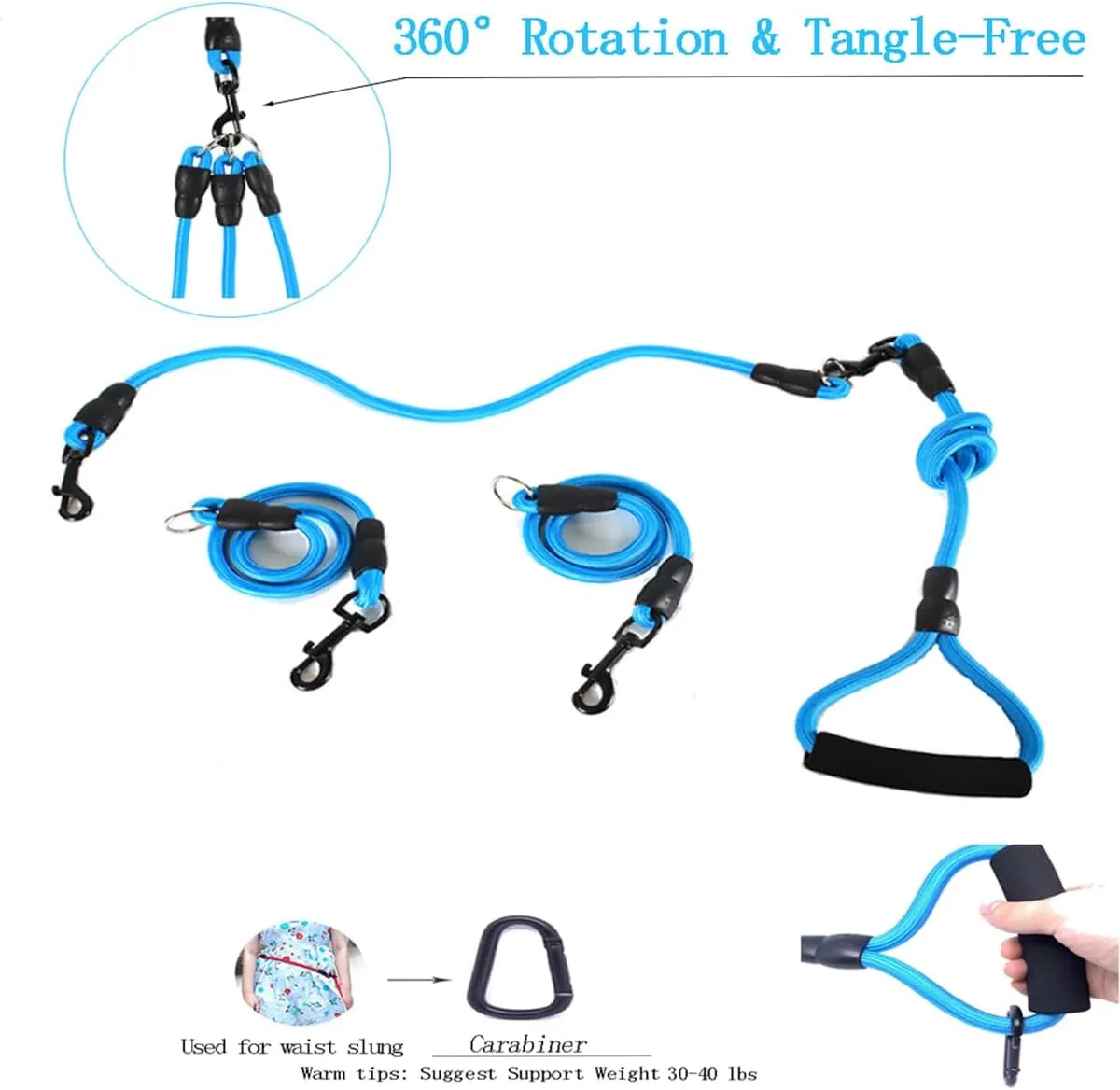 3 in 1 Durable Nylon Dog Leash with Padded Handle, 360 Swivel No Tangle Climbing Rope Removable Pet Traction Rope, Lead for Medium Large Dogs Blue