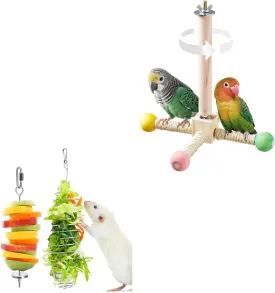 6-Piece Interactive Pet Set - Spinning Bird Perch & Stainless Foraging Toys for Parakeets, Cockatiels and Small Rodents