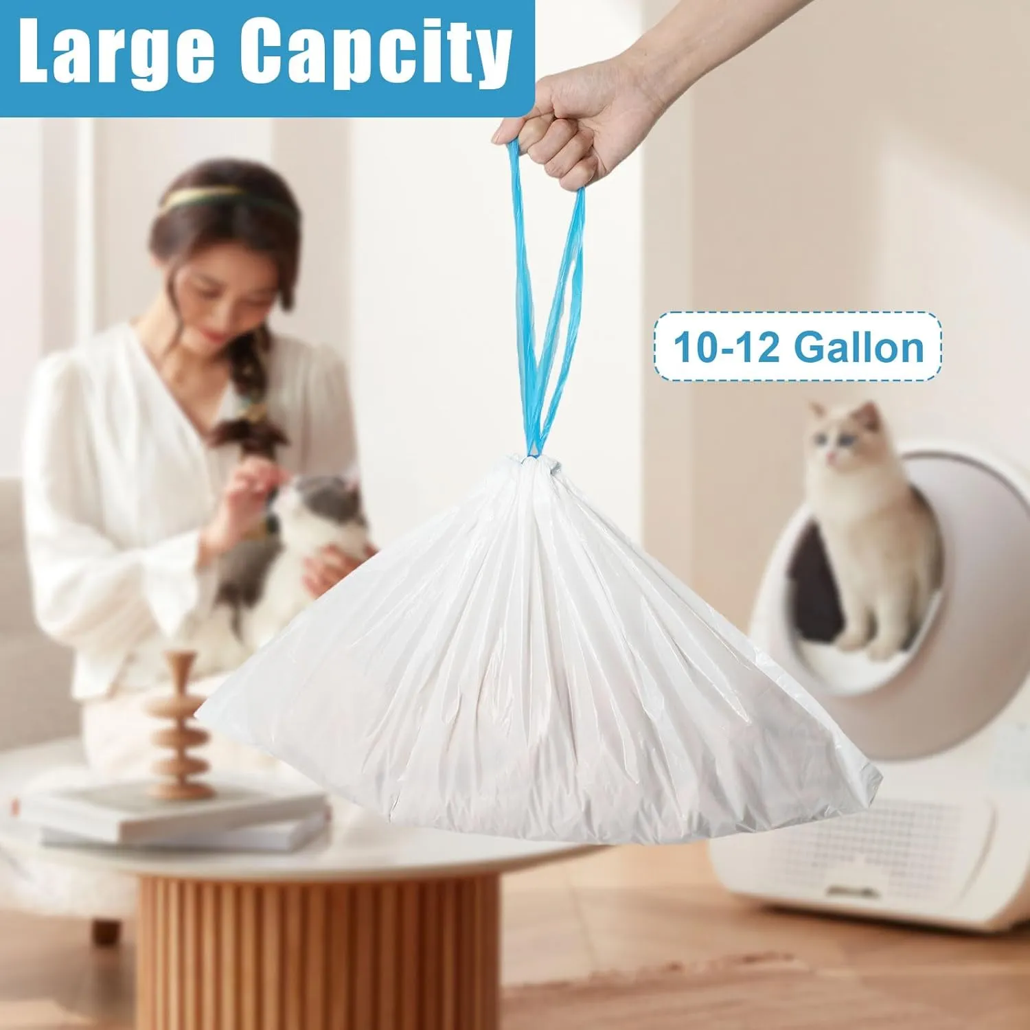 60Pcs Self-Cleaning Cat Litter Box Bags, 3Rolls Drawstring Trash Bag Electric Automatic Cat Litter Box Self-Cleaning Liners Receptacles Bags, Heavy-Duty Extra Thick Compatible with Litter-Robot 3/4
