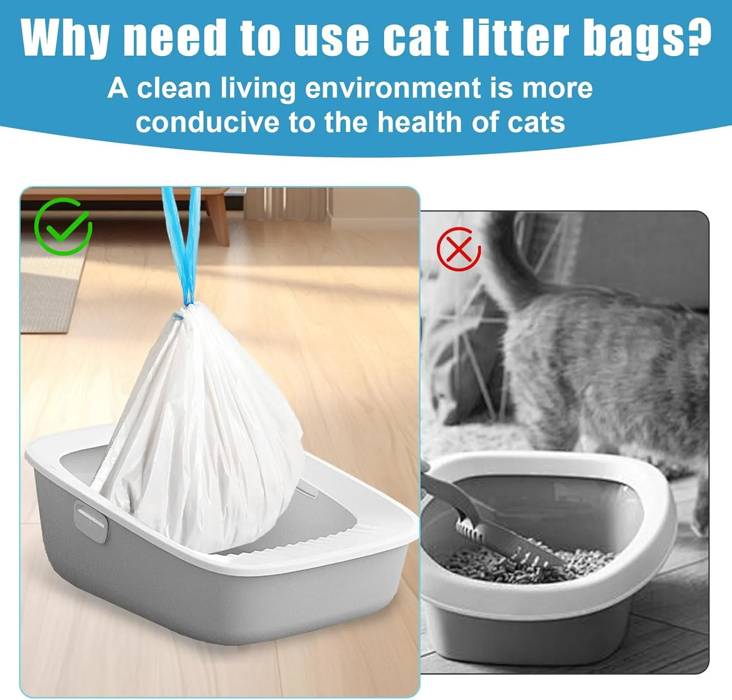 60Pcs Self-Cleaning Cat Litter Box Bags, 3Rolls Drawstring Trash Bag Electric Automatic Cat Litter Box Self-Cleaning Liners Receptacles Bags, Heavy-Duty Extra Thick Compatible with Litter-Robot 3/4