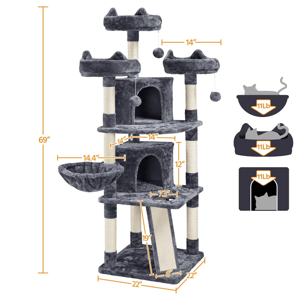 69'' Large Cat Tree Tower with 2 Condos and Scratching Post