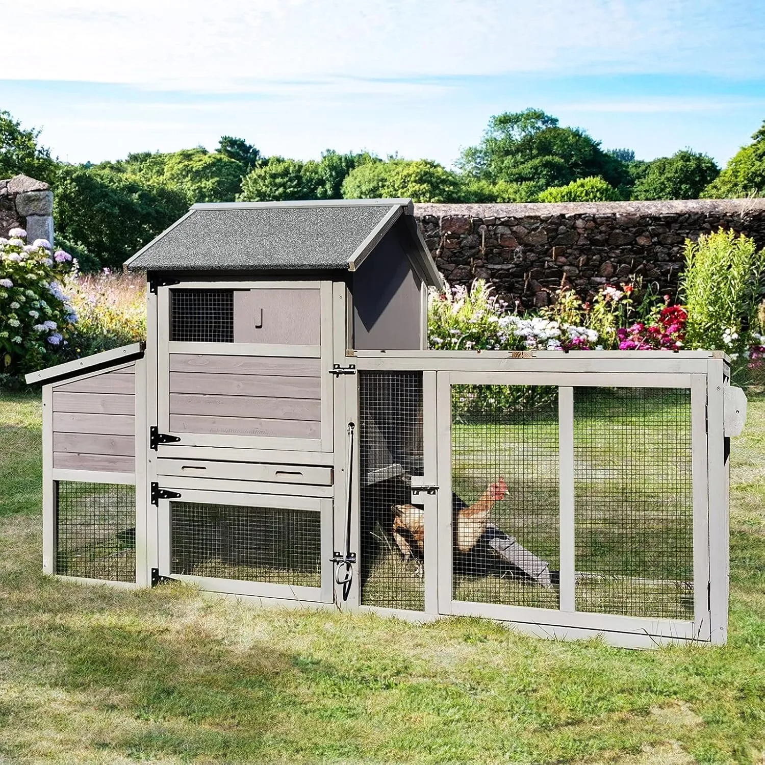 81in Mobile Chicken Coop Multi-Level Hen House, Wooden Poultry Cage for 3-5 Chickens, Outdoor Animal Cage w/Wheels, 4 Doors- UV Panel