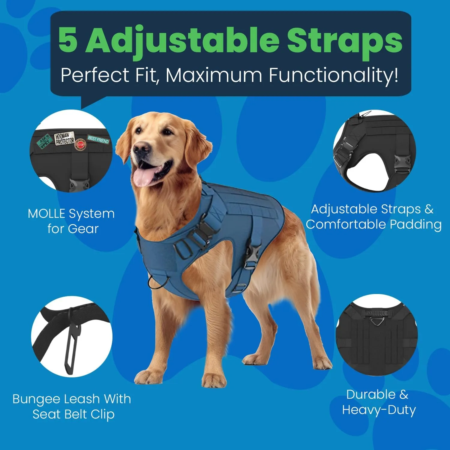 Adjustable Tactical Dog Harness & Leash Set - No-Pull MOLLE Vest with Handle, Front Leash Clip, Hook & Patch - Perfect for Small to Large Dogs (L: Neck 18"-24", Chest 28"-35"), Bermuda Blue
