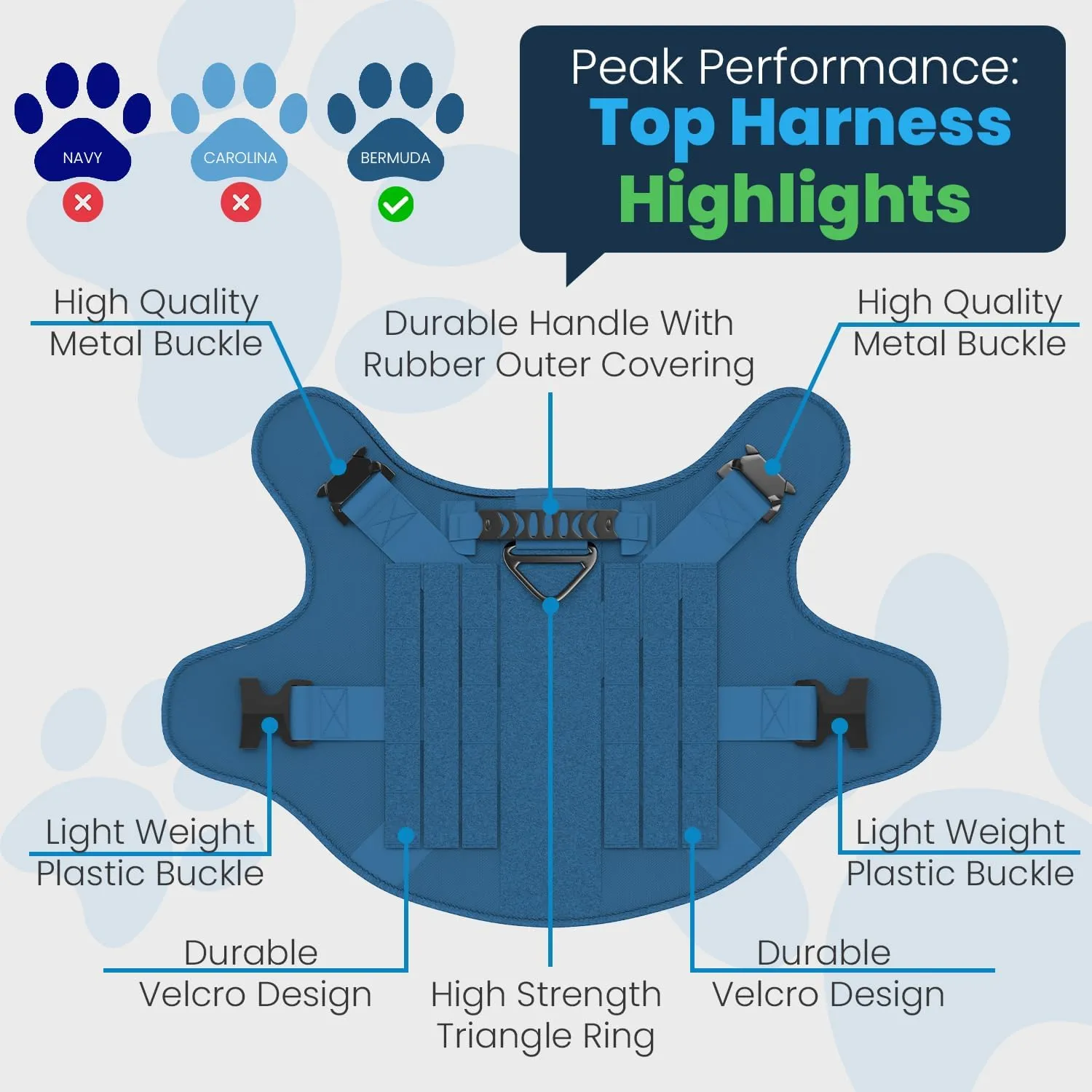 Adjustable Tactical Dog Harness & Leash Set - No-Pull MOLLE Vest with Handle, Front Leash Clip, Hook & Patch - Perfect for Small to Large Dogs (L: Neck 18"-24", Chest 28"-35"), Bermuda Blue