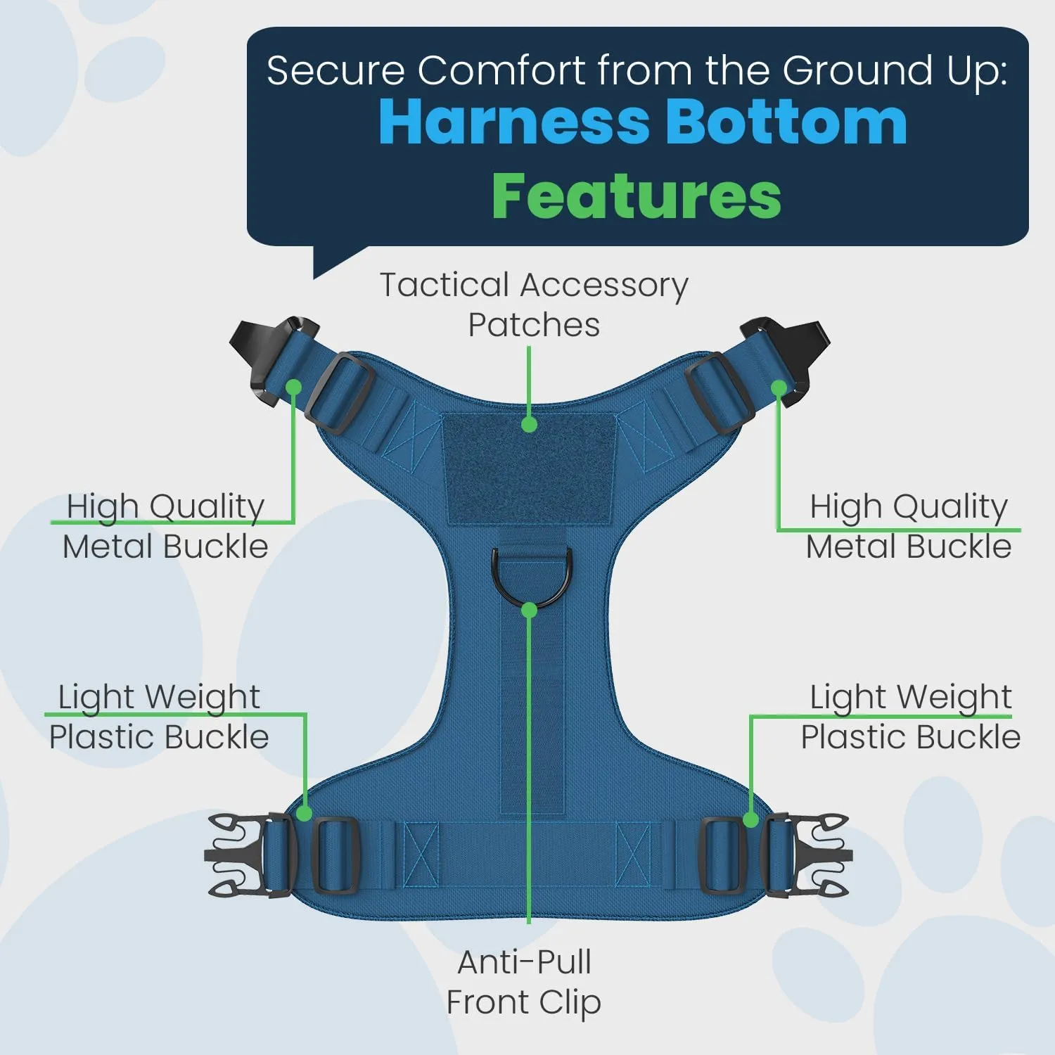 Adjustable Tactical Dog Harness & Leash Set - No-Pull MOLLE Vest with Handle, Front Leash Clip, Hook & Patch - Perfect for Small to Large Dogs (L: Neck 18"-24", Chest 28"-35"), Bermuda Blue