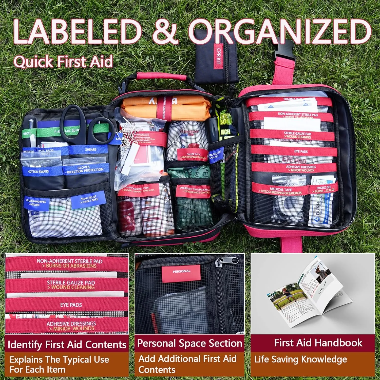 Advanced First Aid Kit, Comprehensive Trauma First Aid Kits with Labelled Compartments for Cars, Home, Office, Backpacking, Camping, Traveling, and Cycling -Upgrade 324 Piece