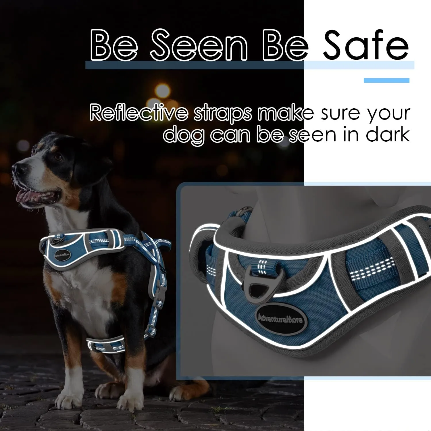 ADVENTUREMORE Dog Harness for Large Dogs No Pull, Sport Dog Halter Harness Reflective Breathable Dog Vest Escape Proof Dog Harness with Easy Control Front Clip Handle for Training Walking L-Blue