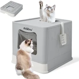 AiQInu Cat Litter Box with Litter Scoop - XL 80L Foldable Kitty Litter Box with Lid - Enclosed Cat Box with High Sided Enclosure Odor Control for Big Cats - Anti-Leakage, Easy Cleaning, (Gray)