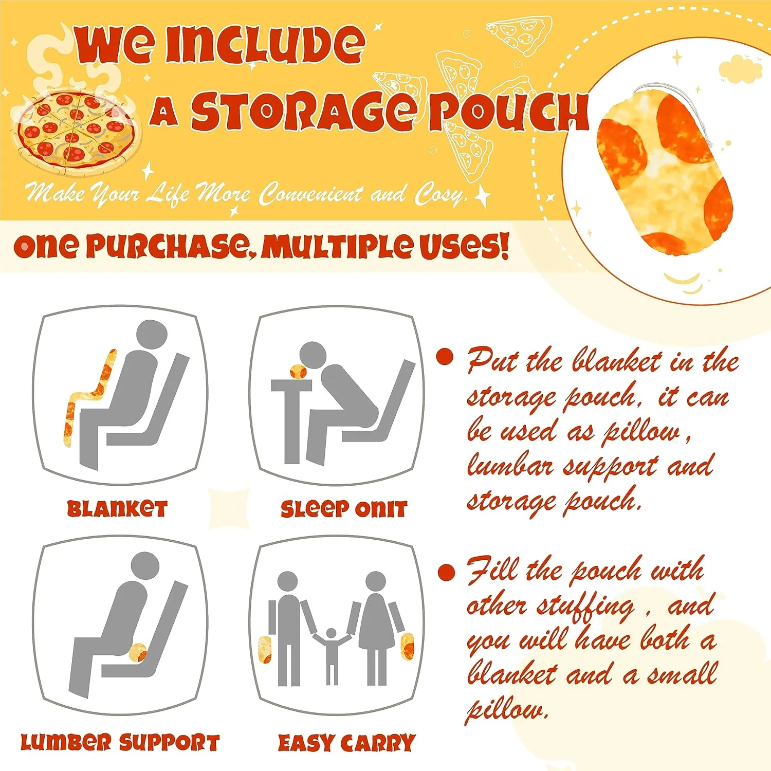 Bnuitland Pizza Funny Blanket, 300 GSM Double Sided Giant Novelty Realistic Food Blanket with Pouch for Adults and Kids, Super Soft Flannel Throw