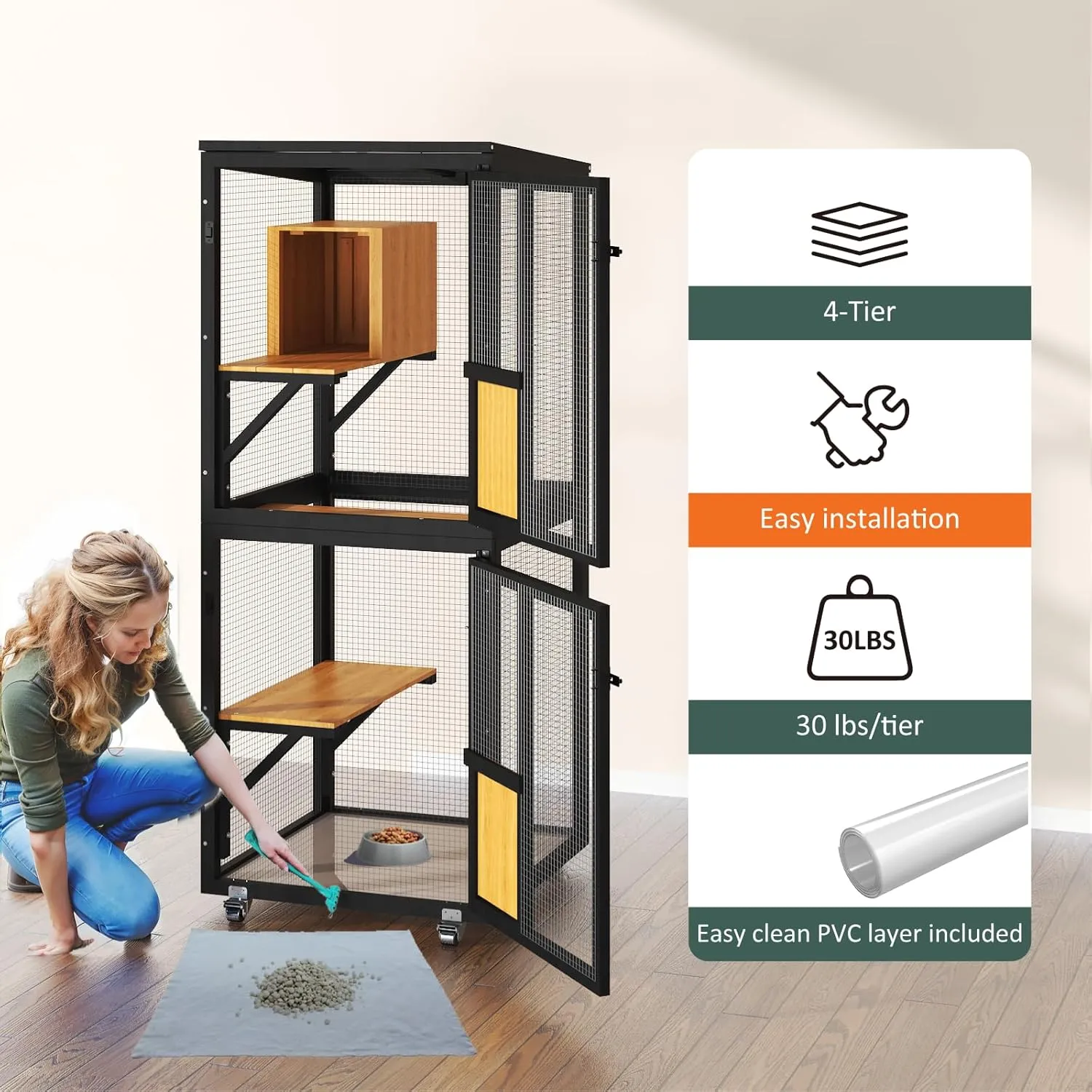 Cat Catio Outdoor Enclosure, 4 Tiers Cat Playen Catio with Wheels, Resting Box, Sunshine Panel Waterproof Roof, Large Pet House Cage with Removable Wood Bottom and Easy Clean PVC Layer, Black