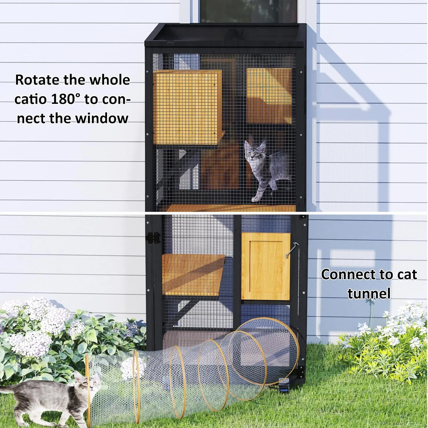 Cat Catio Outdoor Enclosure, 4 Tiers Cat Playen Catio with Wheels, Resting Box, Sunshine Panel Waterproof Roof, Large Pet House Cage with Removable Wood Bottom and Easy Clean PVC Layer, Black