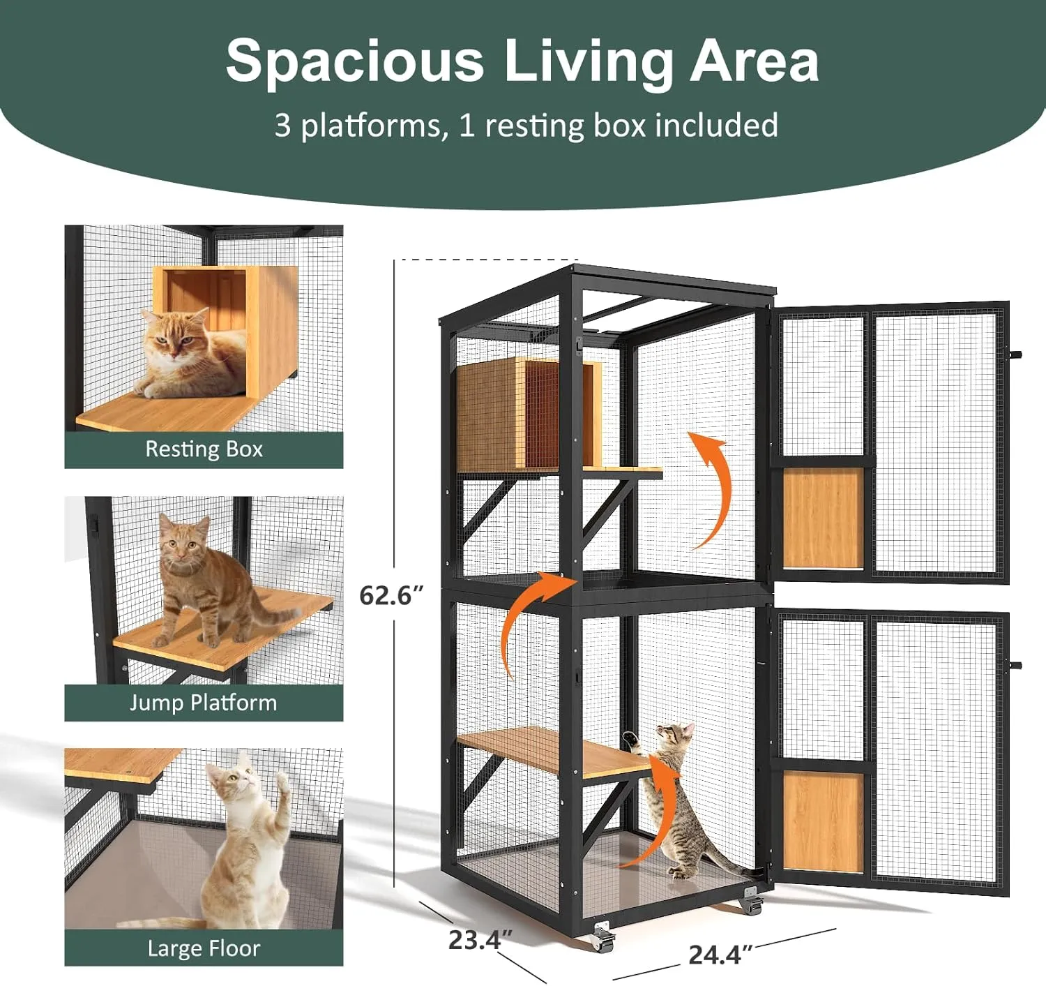 Cat Catio Outdoor Enclosure, 4 Tiers Cat Playen Catio with Wheels, Resting Box, Sunshine Panel Waterproof Roof, Large Pet House Cage with Removable Wood Bottom and Easy Clean PVC Layer, Black