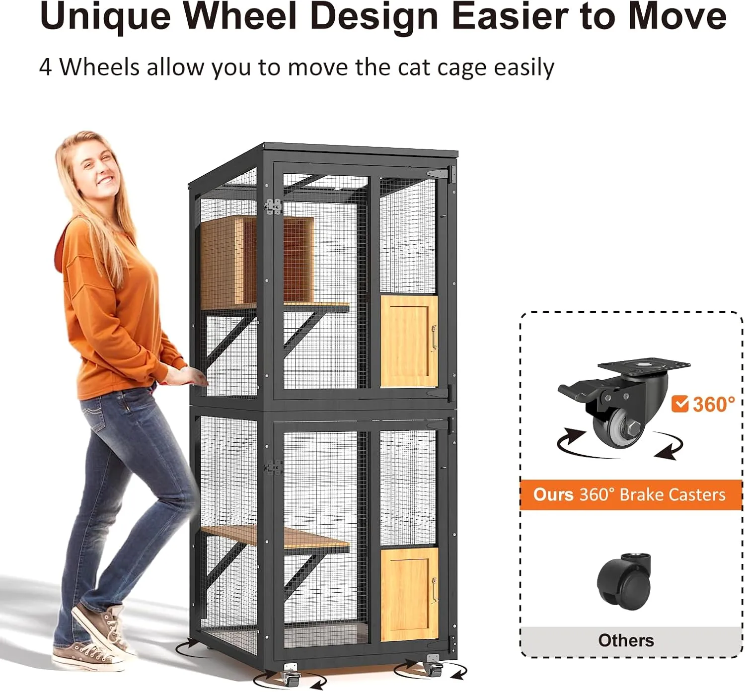 Cat Catio Outdoor Enclosure, 4 Tiers Cat Playen Catio with Wheels, Resting Box, Sunshine Panel Waterproof Roof, Large Pet House Cage with Removable Wood Bottom and Easy Clean PVC Layer, Black