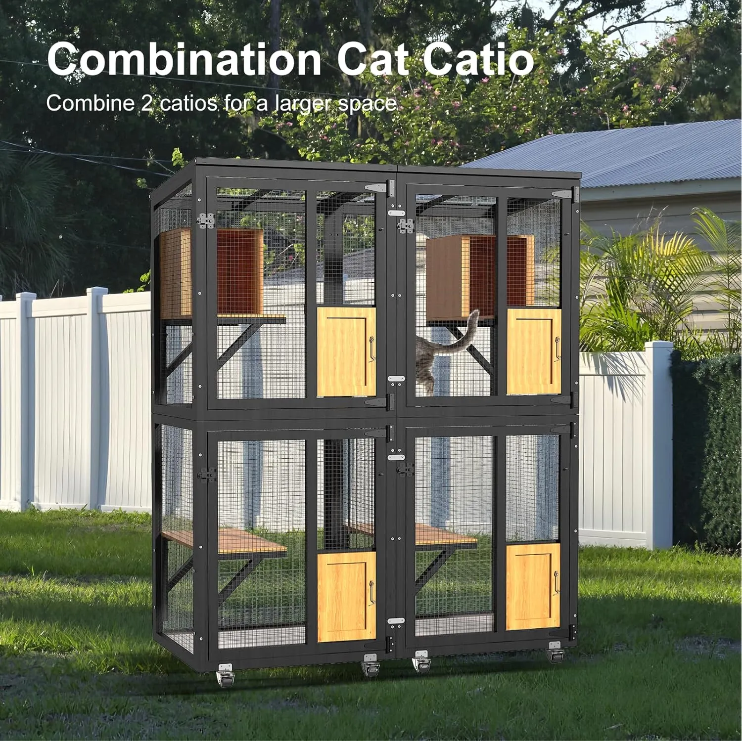 Cat Catio Outdoor Enclosure, 4 Tiers Cat Playen Catio with Wheels, Resting Box, Sunshine Panel Waterproof Roof, Large Pet House Cage with Removable Wood Bottom and Easy Clean PVC Layer, Black