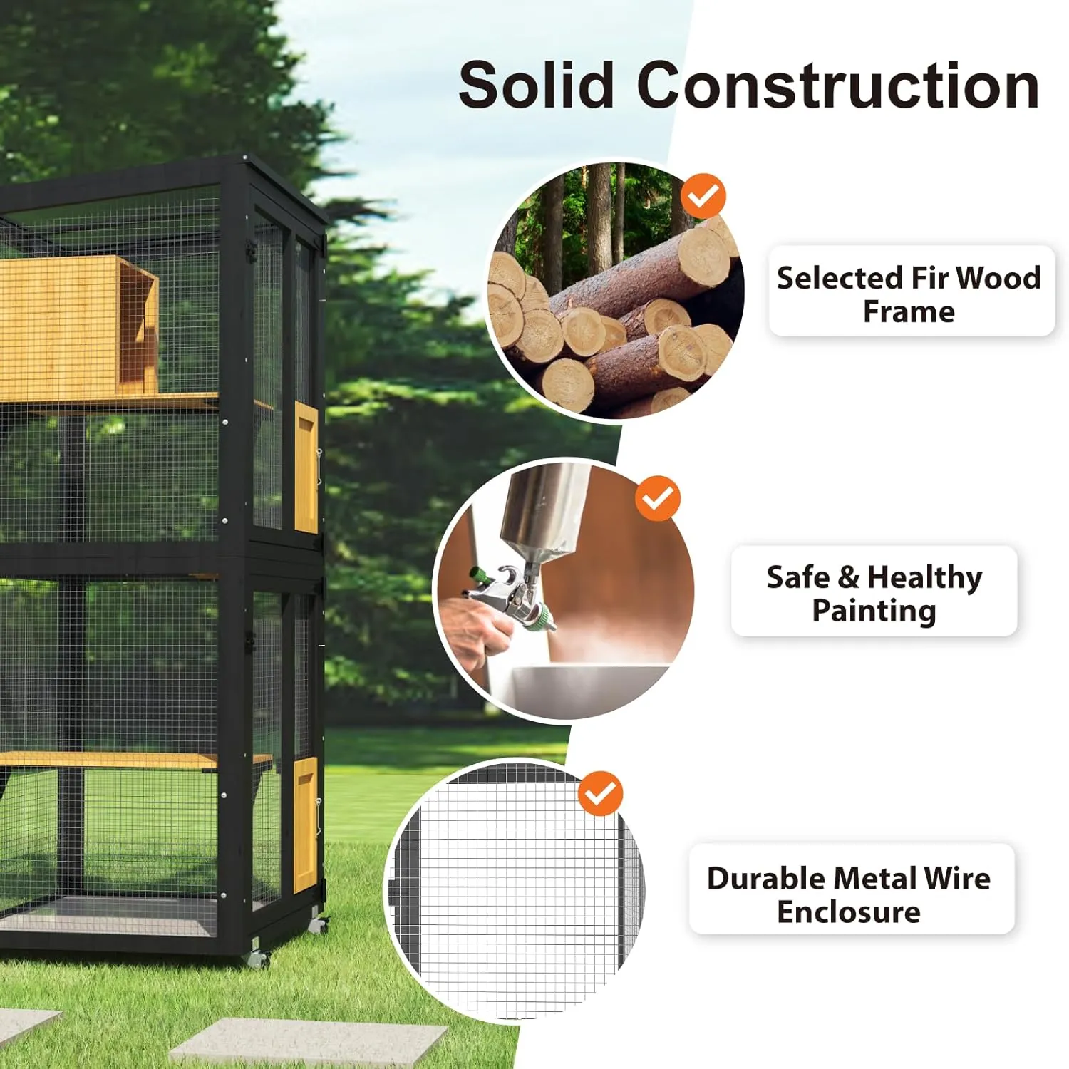 Cat Catio Outdoor Enclosure, 4 Tiers Cat Playen Catio with Wheels, Resting Box, Sunshine Panel Waterproof Roof, Large Pet House Cage with Removable Wood Bottom and Easy Clean PVC Layer, Black