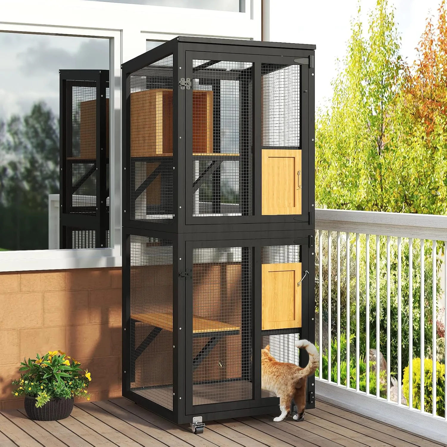 Cat Catio Outdoor Enclosure, 4 Tiers Cat Playen Catio with Wheels, Resting Box, Sunshine Panel Waterproof Roof, Large Pet House Cage with Removable Wood Bottom and Easy Clean PVC Layer, Black