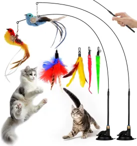 Cat Feather Toys, 10PCS Interactive Cat Toy for Indoor Cats, 2PCS Super Suction Cup & 2PCS Wand Toys & 6PCS Replacement Teaser with Bell Refills for Kitty Kitten Play Exercise