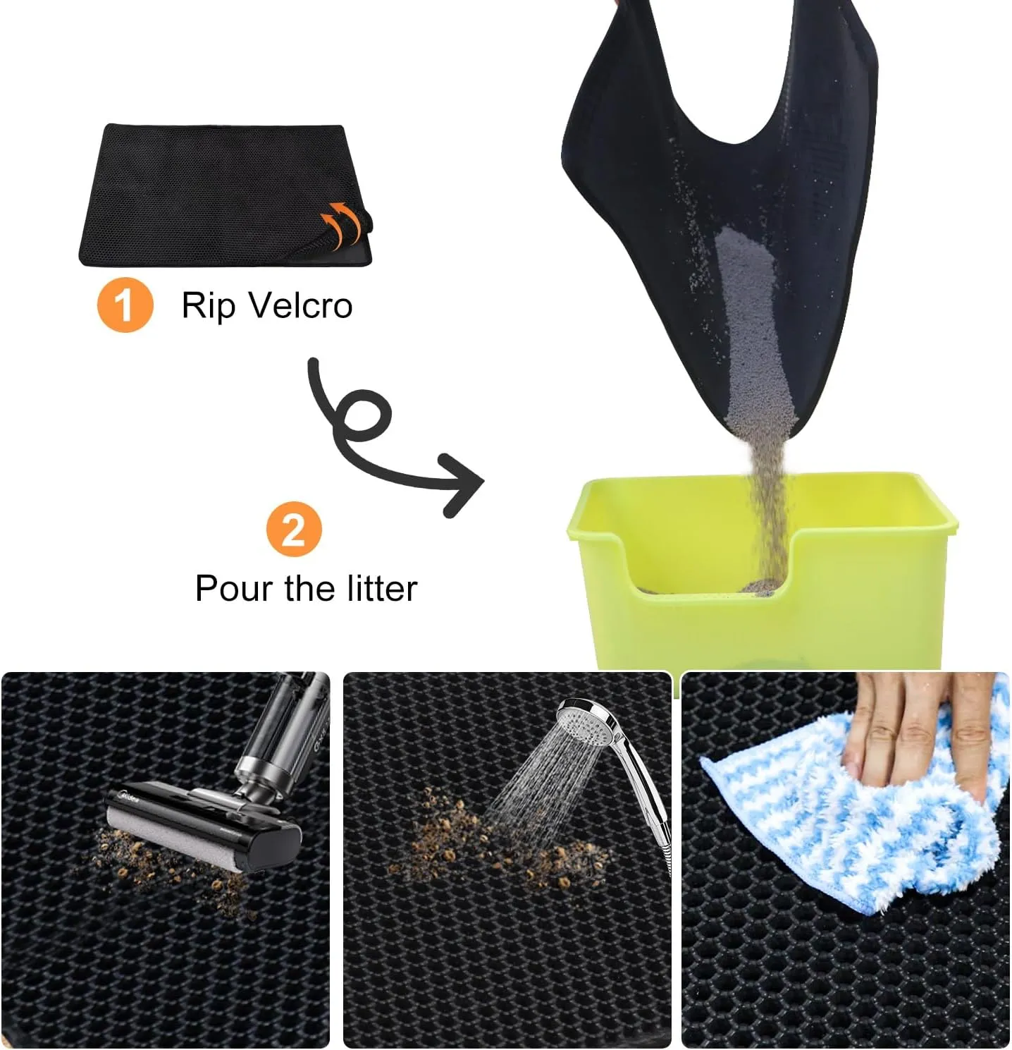 Cat Litter Mat,45"x32" Extra Large Cat Litter Box Mat,Honeycomb Double Layer Kitty Litter Trapping Mat,Soft EVA Material,Urine & Waterproof,Scatter Control,Easy Clean,Washable(Black)
