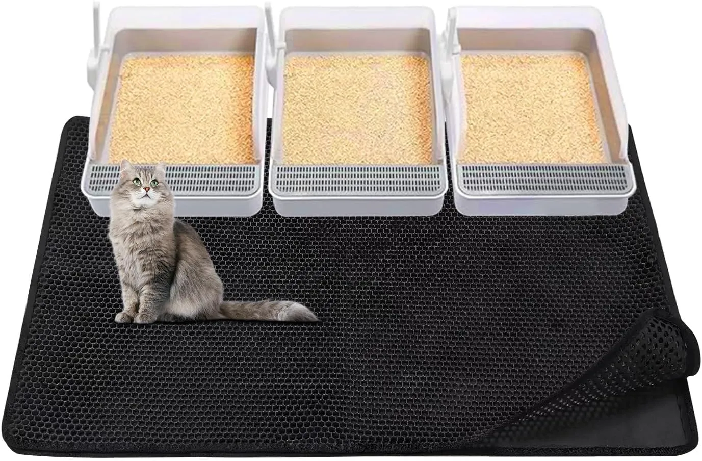 Cat Litter Mat,45"x32" Extra Large Cat Litter Box Mat,Honeycomb Double Layer Kitty Litter Trapping Mat,Soft EVA Material,Urine & Waterproof,Scatter Control,Easy Clean,Washable(Black)