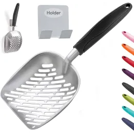 Cat Litter Scoop, Aluminum Alloy Sifter, Deep Shovel Poop Sifting with Long Handle, Pooper Lifter Works with All Type of Cat Litter, Metal Kitty Litter Scooper for Litter Box with Holder