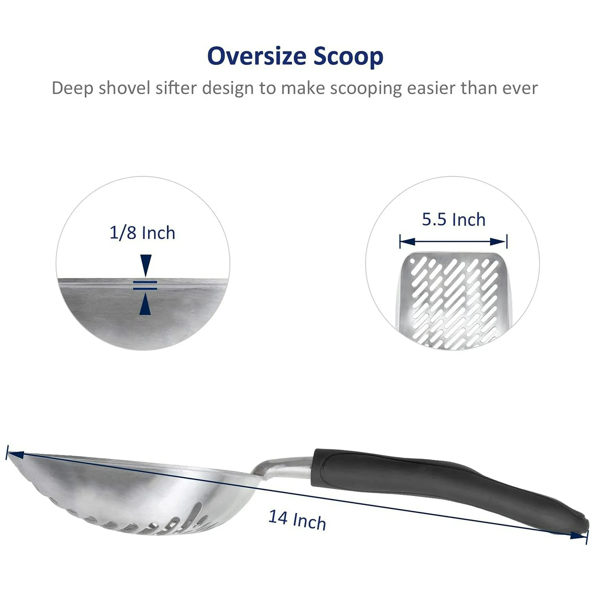 Cat Litter Scoop, Aluminum Alloy Sifter, Deep Shovel Poop Sifting with Long Handle, Pooper Lifter Works with All Type of Cat Litter, Metal Kitty Litter Scooper for Litter Box with Holder