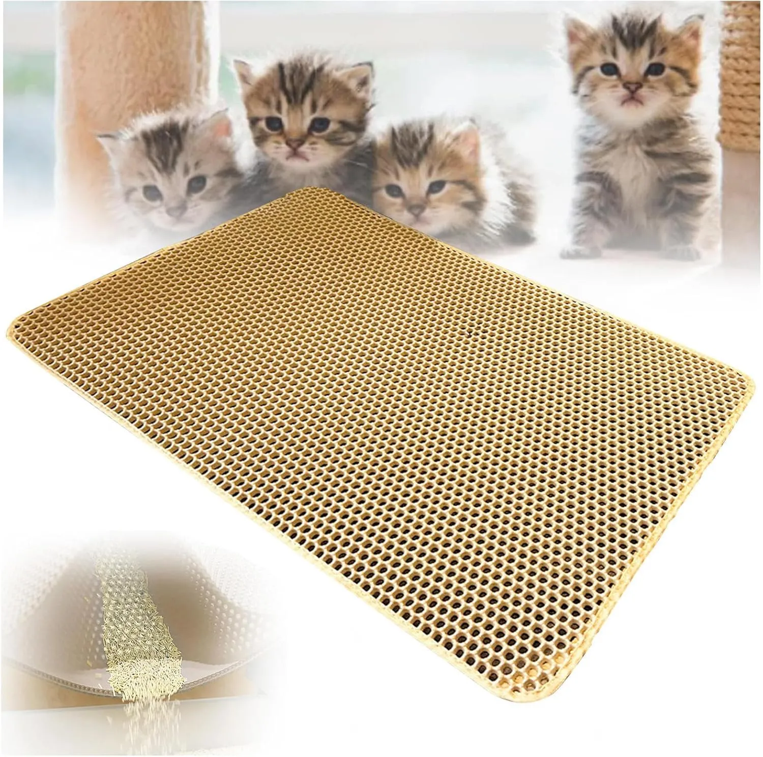 Cat Mats for Litter, 24X35In/26X46In Honeycomb Double Layer Cat Litter Trap Mat Cat Litter Pad, Less Waste,Soft On Paws,Non-Slip,24X35In-Beige