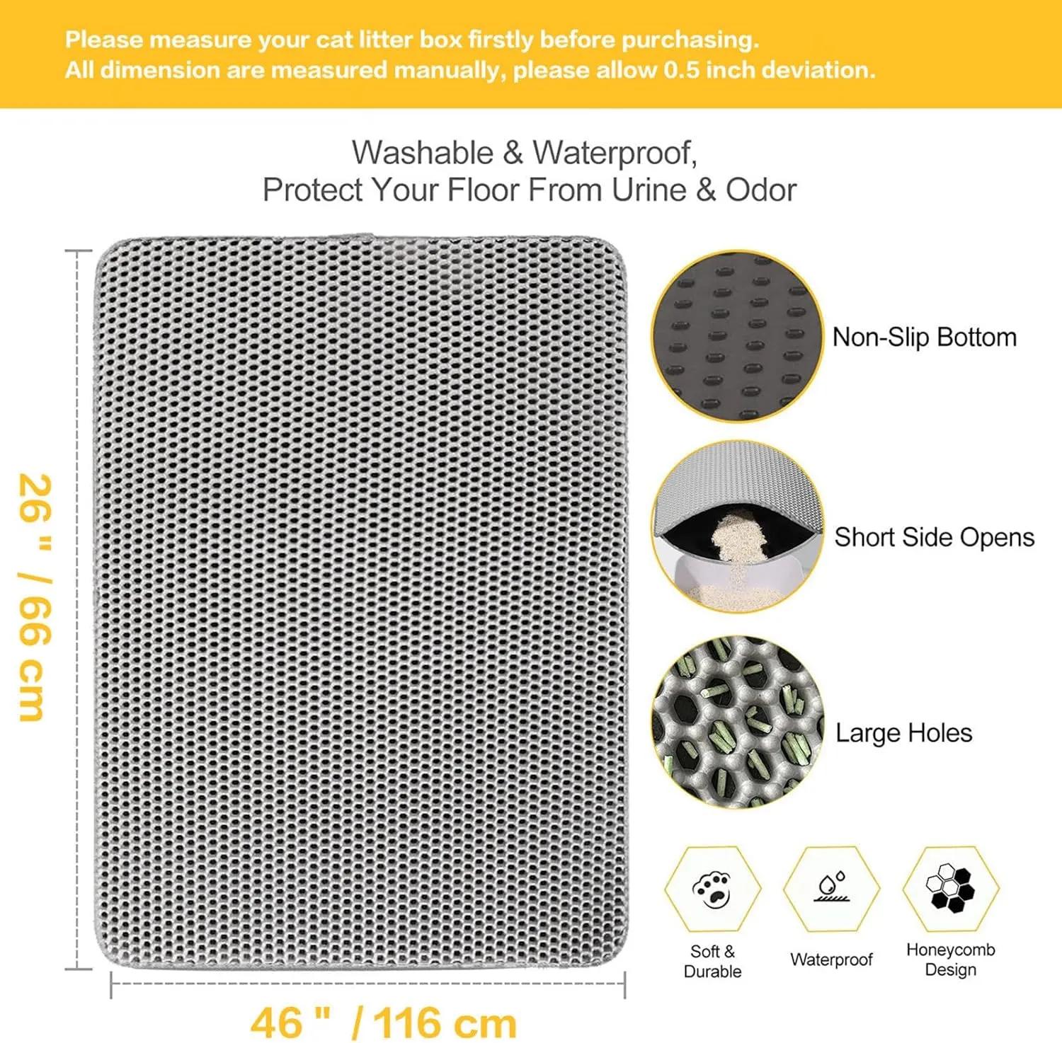 Cat Mats for Litter, 24X35In/26X46In Honeycomb Double Layer Cat Litter Trap Mat Cat Litter Pad, Less Waste,Soft On Paws,Non-Slip,24X35In-Beige