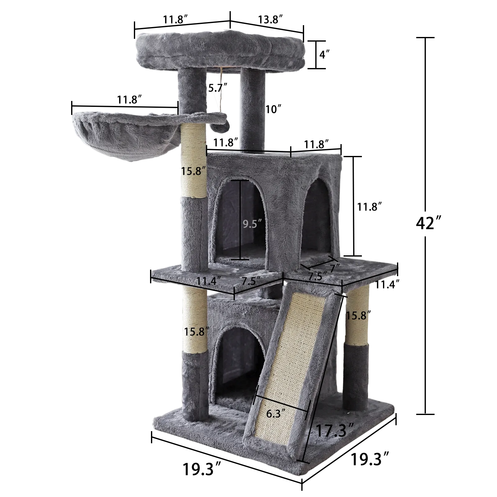 Confote 42 inches Cat Tree with Scratching Board, 2 Luxury Condos, Cat Tower with Padded Plush Perch and Cozy Basket