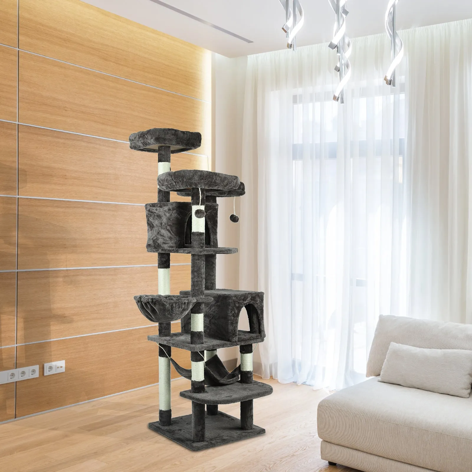 Confote Large Cat Tree 67 Inch Multi-Level Cat Tower with Padded Top Perch,Hammock,Basket,Scratching Posts for Indoor Cat Play House Kitty Activity Center