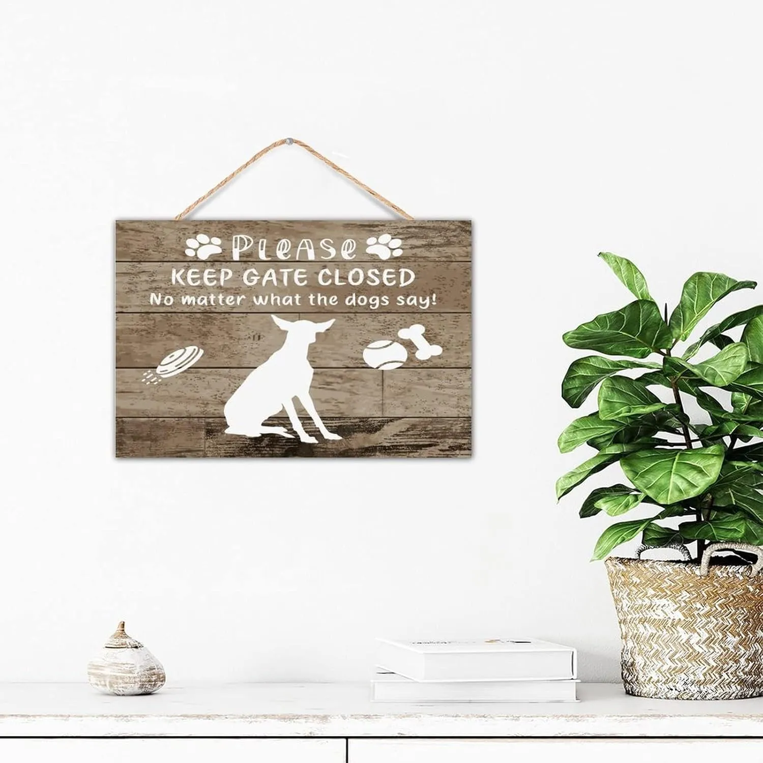 CustonCares Keep Gate Closed No Matter What The Dogs Say Wooden Plaque Sign Room Decor Rustic Pet Dog Silhouette Signs Decorative Wood Sign for Table Indoor Mantel 12x8in
