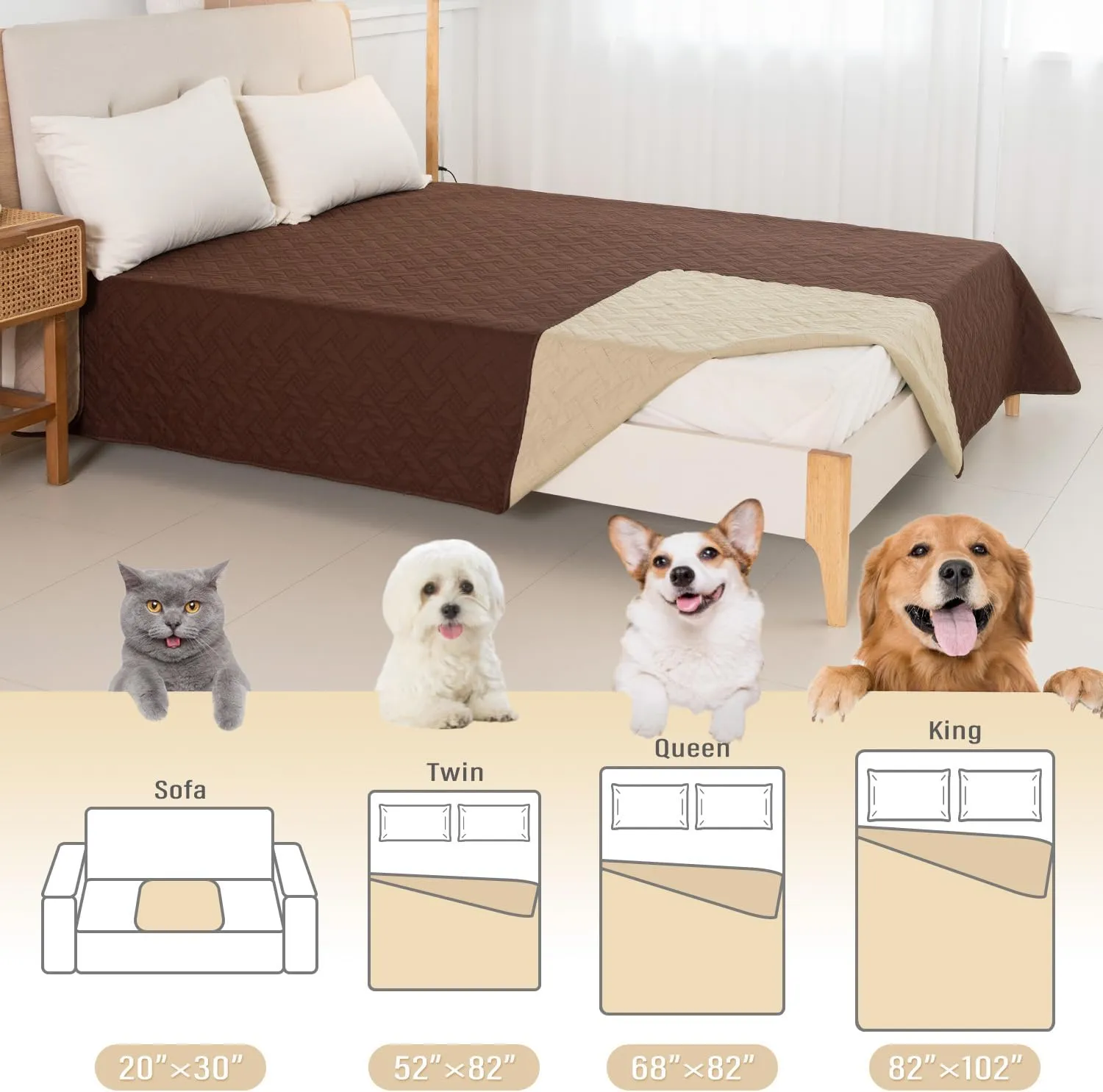 Dog Bed Cover for Pets - Blankets Rug Pads for Couch Protection Waterproof Bed Covers Dog Blanket Furniture Protector Reusable Changing Pad (Brown Beige, 20"x30")