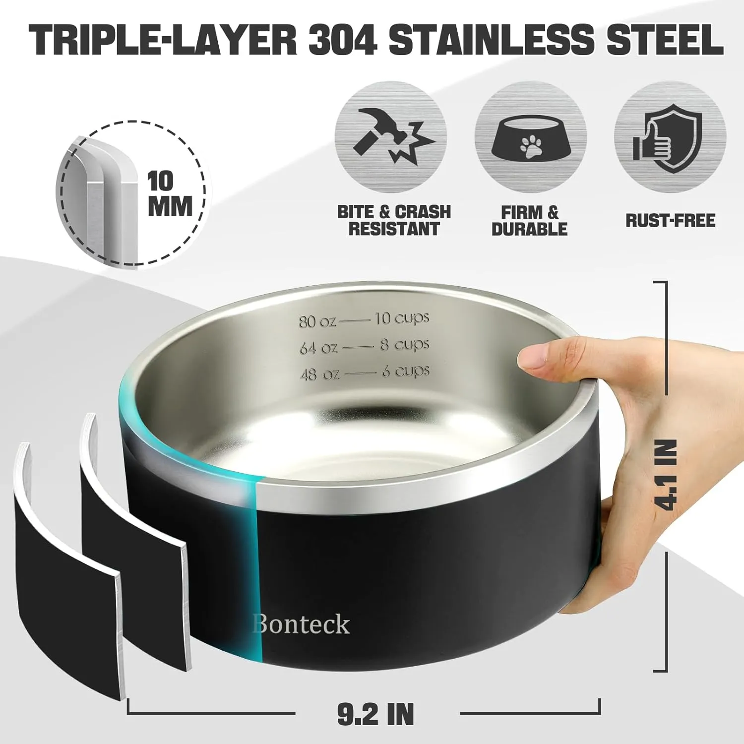 Dog Bowl - Dog Water and Food Anti Rust & Non Slip Metal Bowls Large, Spill Proof Insulated Double Wall Pet Dish for Dogs, Cats & Pets, Stainless Steel, Dishwasher Safe (100 oz, Black)