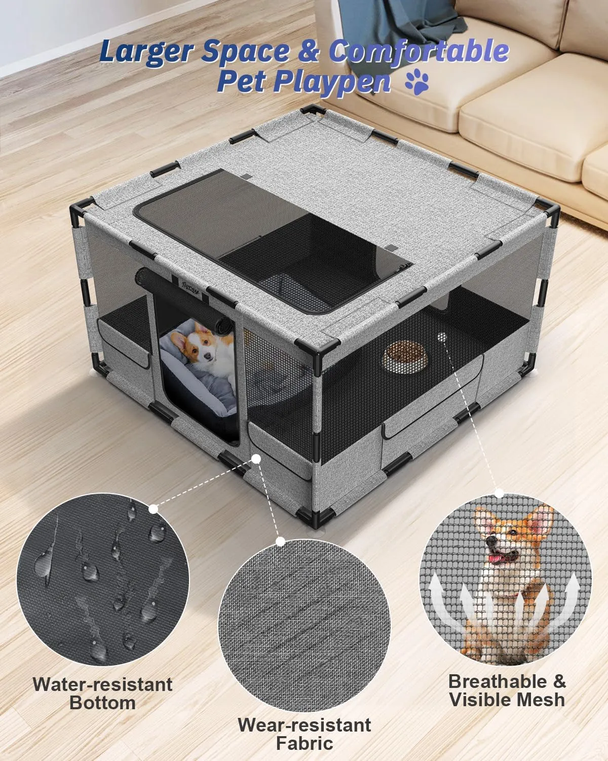 Dog Playpen, 43x43x26 Inches Puppy Playpen Portable Pet Play Pen Indoors with Cover and Gate, Tear Resistant Thickened Fabric Waterproof Bottom Breathable Mesh Dog Fence for Indoor&Outdoor, Gray Black