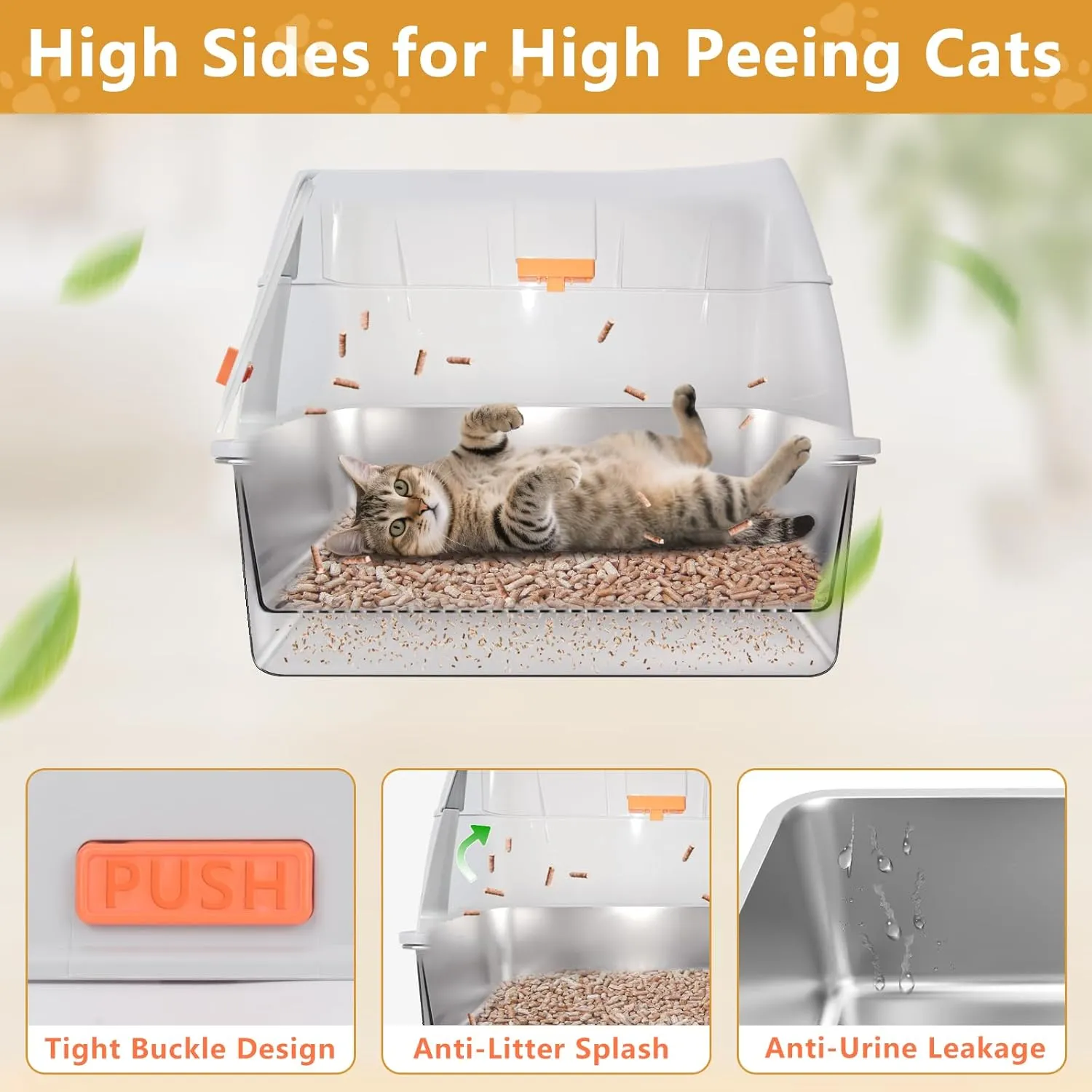 ELEGX Pine Litter Sifting Cat Litter Box, 4-in-1 Cat Metal Litter Box Set,Enclosed Removable Metal Litter Box with Screen Mesh,High Sided Enclosure,Mat & Scoop (Grey)