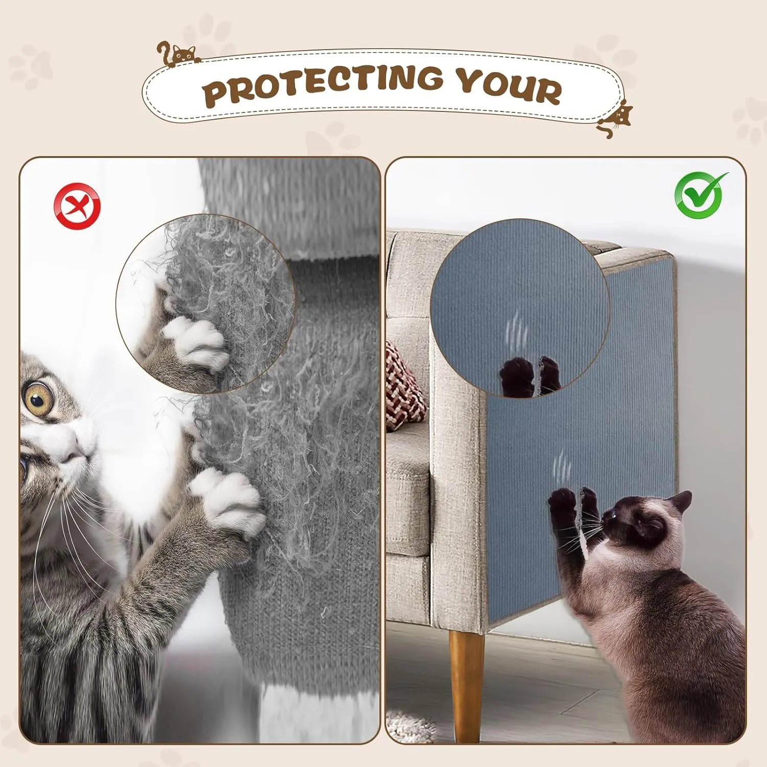 Eunice Cat Scratching Mat, Self-Adhesive Cat Scratch Carpet, Trimmable Replacement Carpet Pad for Tree Wall Cat Scratching Post DIY Couch Protector (Light Gray, 78.7"x15.8")