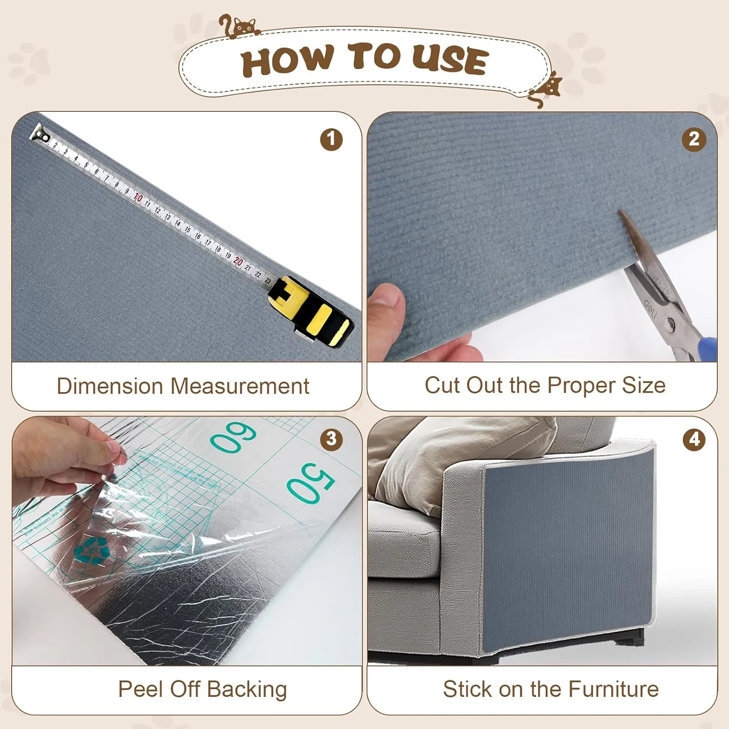 Eunice Cat Scratching Mat, Self-Adhesive Cat Scratch Carpet, Trimmable Replacement Carpet Pad for Tree Wall Cat Scratching Post DIY Couch Protector (Light Gray, 78.7"x15.8")