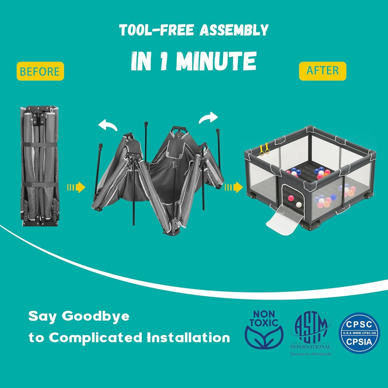 Foldable Playpen for Babies and Toddlers, 50x50 Inches Portable Playpen, Kids Collapsible Play Pen with 2 Handlers, Indoor & Outdoor Baby Fence Play Area with Visible Mesh, Dark Gray