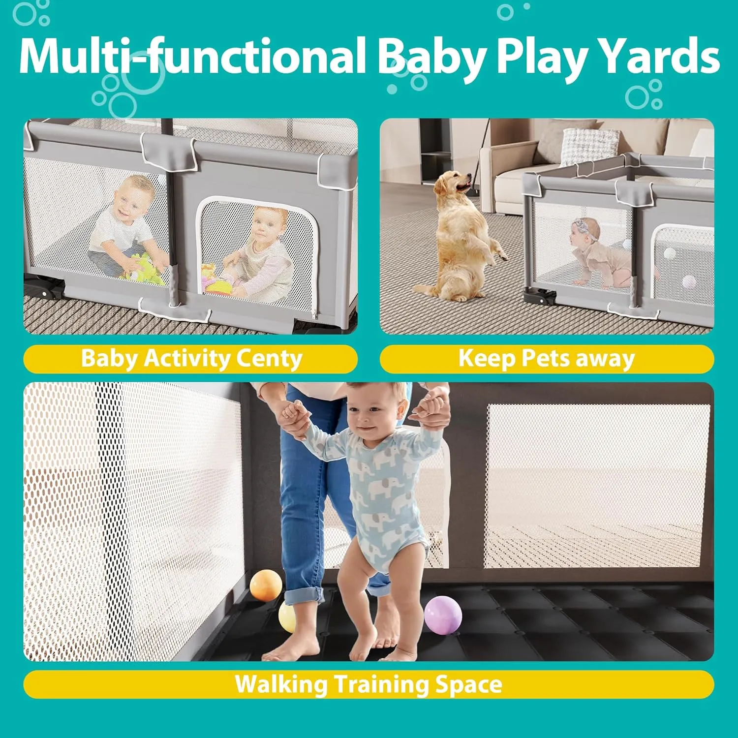 Foldable Playpen for Babies and Toddlers, 50x50 Inches Portable Playpen, Kids Collapsible Play Pen with 2 Handlers, Indoor & Outdoor Baby Fence Play Area with Visible Mesh, Light Gray