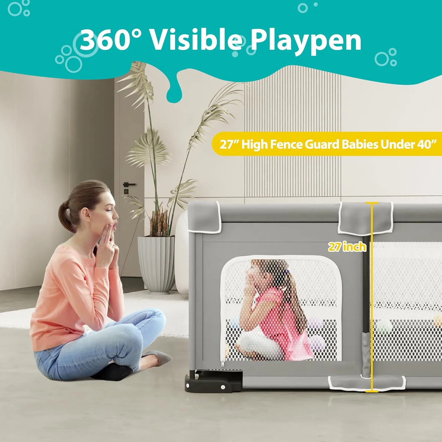 Foldable Playpen for Babies and Toddlers, 50x50 Inches Portable Playpen, Kids Collapsible Play Pen with 2 Handlers, Indoor & Outdoor Baby Fence Play Area with Visible Mesh, Light Gray
