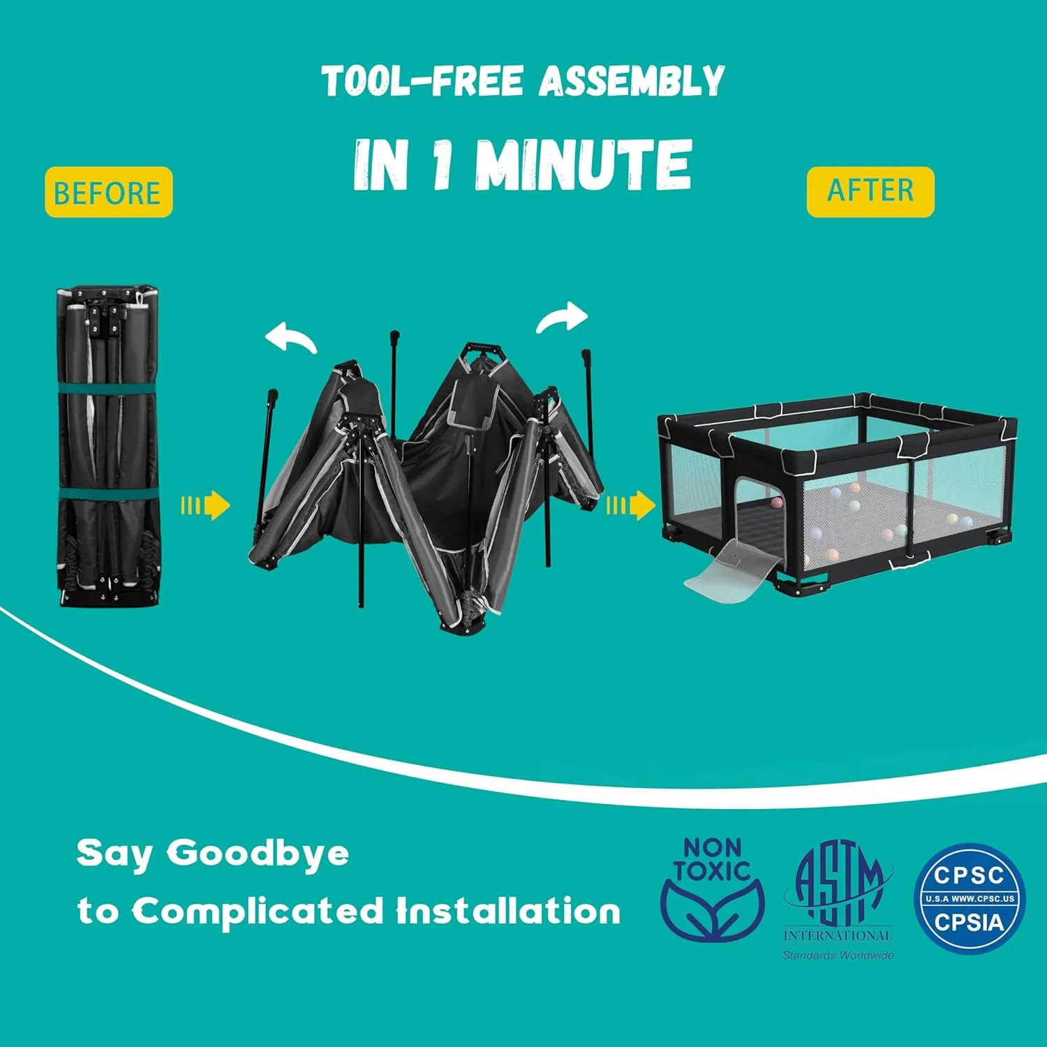 Foldable Playpen for Babies and Toddlers, 71x59 Inches Portable Playpen, Kids Collapsible Play Pen with 2 Handlers, Indoor & Outdoor Baby Play Area with Visible Mesh (Black)