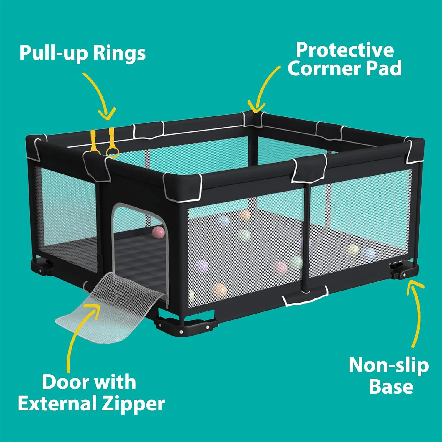 Foldable Playpen for Babies and Toddlers, 71x59 Inches Portable Playpen, Kids Collapsible Play Pen with 2 Handlers, Indoor & Outdoor Baby Play Area with Visible Mesh (Black)