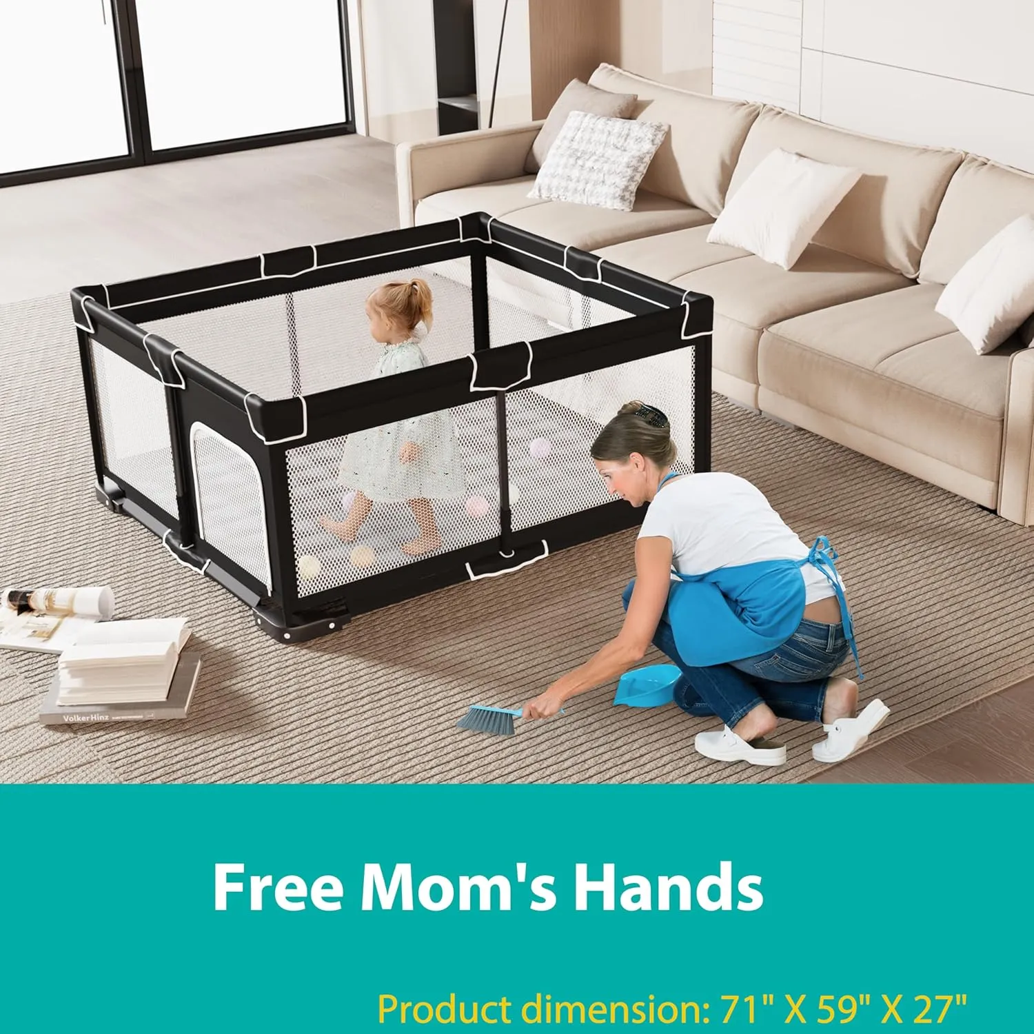 Foldable Playpen for Babies and Toddlers, 71x59 Inches Portable Playpen, Kids Collapsible Play Pen with 2 Handlers, Indoor & Outdoor Baby Play Area with Visible Mesh (Black)