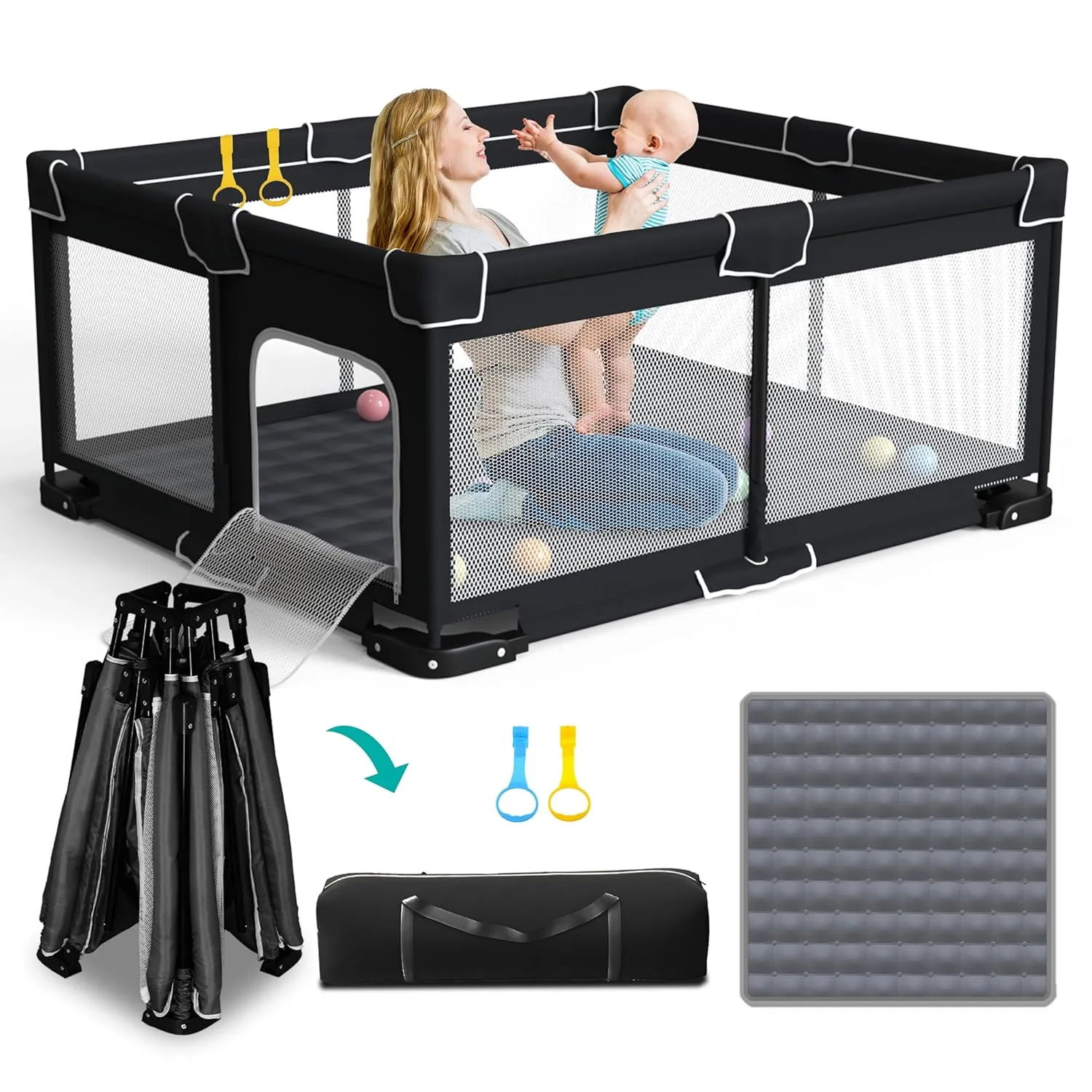 Foldable Playpen for Babies and Toddlers, 71x59 Inches Portable Playpen, Kids Collapsible Play Pen with 2 Handlers, Indoor & Outdoor Baby Play Area with Visible Mesh (Black)