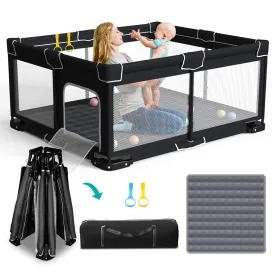 Foldable Playpen for Babies and Toddlers, 71x59 Inches Portable Playpen, Kids Collapsible Play Pen with 2 Handlers, Indoor & Outdoor Baby Play Area with Visible Mesh (Black)