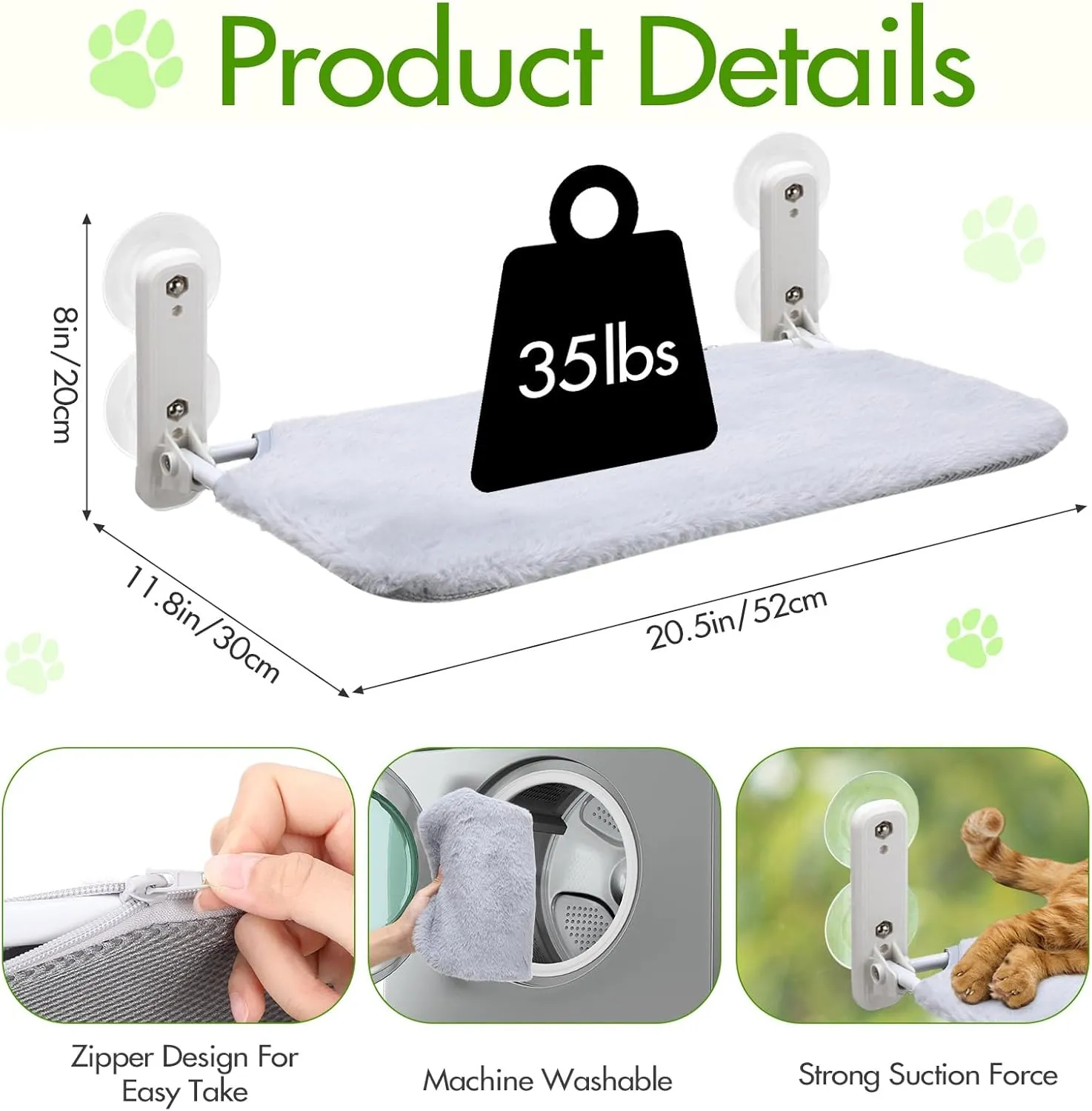 Geelin 3 Pack Cat Window Perch Seat Cordless with 4 Suction Cups, Reversible Cover, Foldable Cat Hammock Bed Window Ledge Shelf for Indoor Inside Large Kittens (Grey)