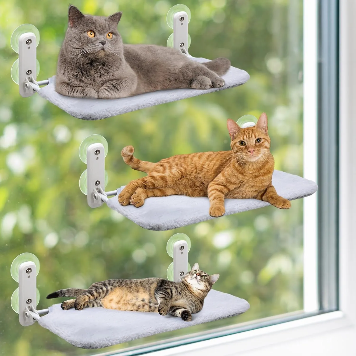 Geelin 3 Pack Cat Window Perch Seat Cordless with 4 Suction Cups, Reversible Cover, Foldable Cat Hammock Bed Window Ledge Shelf for Indoor Inside Large Kittens (Grey)