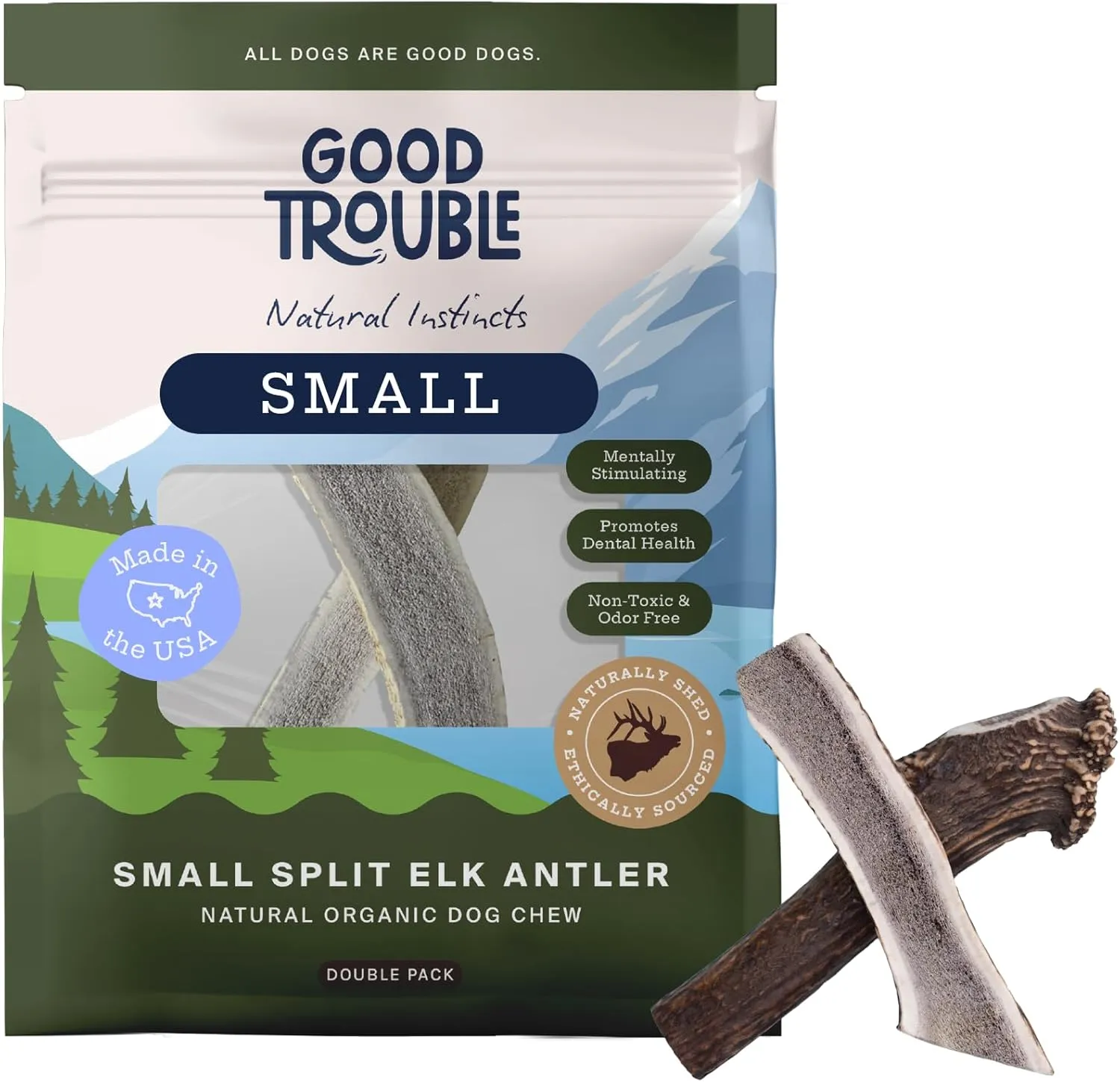 Good Trouble Premium Elk Antlers for Small Dogs  2 Pack Split Pets - All-Natural, Shed Antler Chews for Dental Health & Calming - Durable Dog Bones - Cruelty-Free, North American Sourced